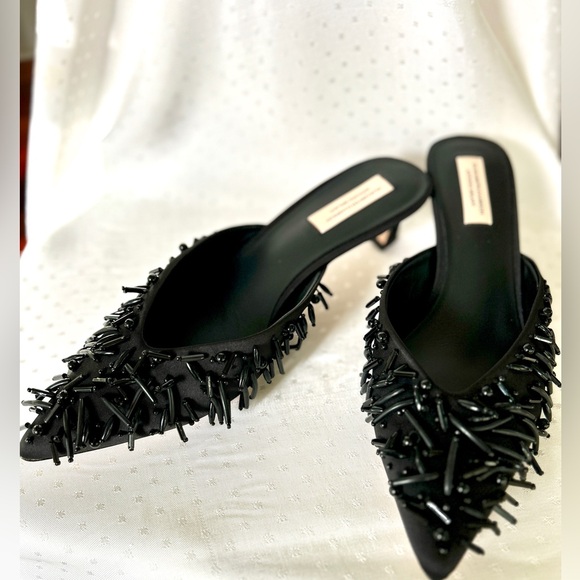 ANTONIO MELANI x Elizabeth Damrich Shoes - Stylish Black Embellished Mules with heels, Melani x Damrich